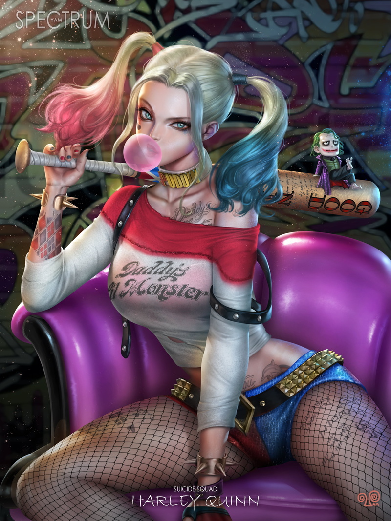 pigtails, top, shorts, vertical, fantasy girl, tattoo, Yam Spectrum, baseball bat, DC Comics, fantasy art, illustration, 4K, women, fan art, fishnet stockings