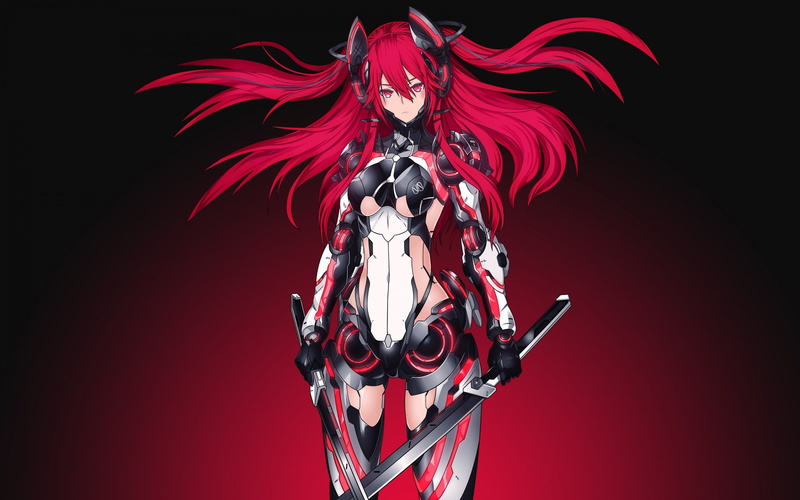 red eyes, fantasy girl, armor, girl, weapon, artwork, red background, digital art, simple background, swords, 2K, Warrior, fantasy, fantasy art, red hair