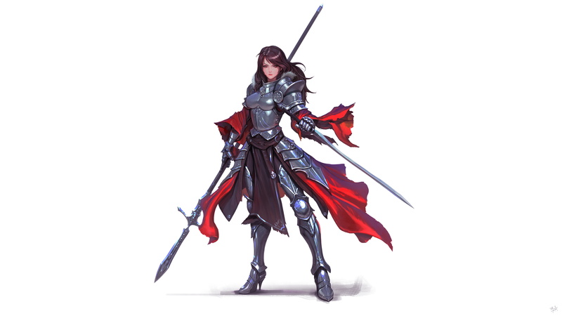 armor, warrior, red eyes, brunette, spear, Knight, white background, fantasy, weapons, digital art, simple background, fantasy art, artwork, girl, sword