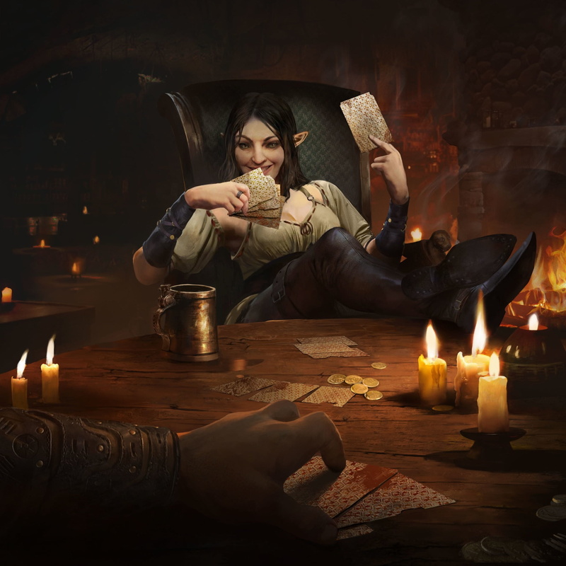 table, Tatyana Kupriyanova, shirt, The Elder Scroll, 1080P, girl, elf, pants, coins, pointed ears, game, fantasy, The Elder Scrolls Legends, candles, fantasy girl