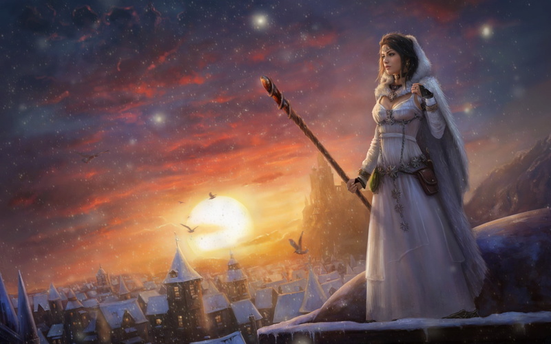 winter, peer, Girl, 1080P, sorceress, snow, the sky, castle, clouds