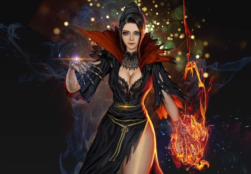 Fire, Woman, Magic, Black Hair, 1080P, Girl, Sorceress, Fantasy, Purple Eyes