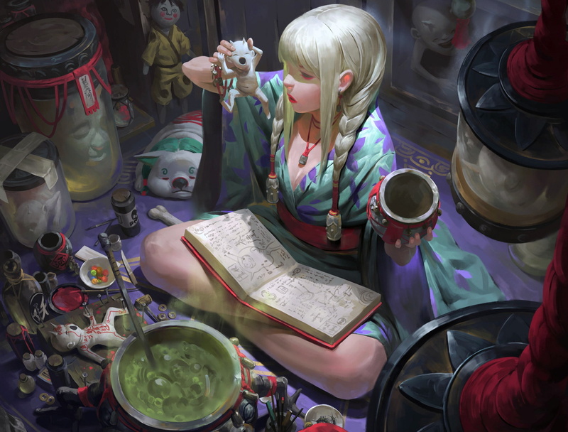 kimono, 1080P, sorceress, legs, ritual, Zeen Chin, fantasy art, blonde, magician, pot, book, fantasy, braids, girl, symbols, artwork, potion, mask, artist