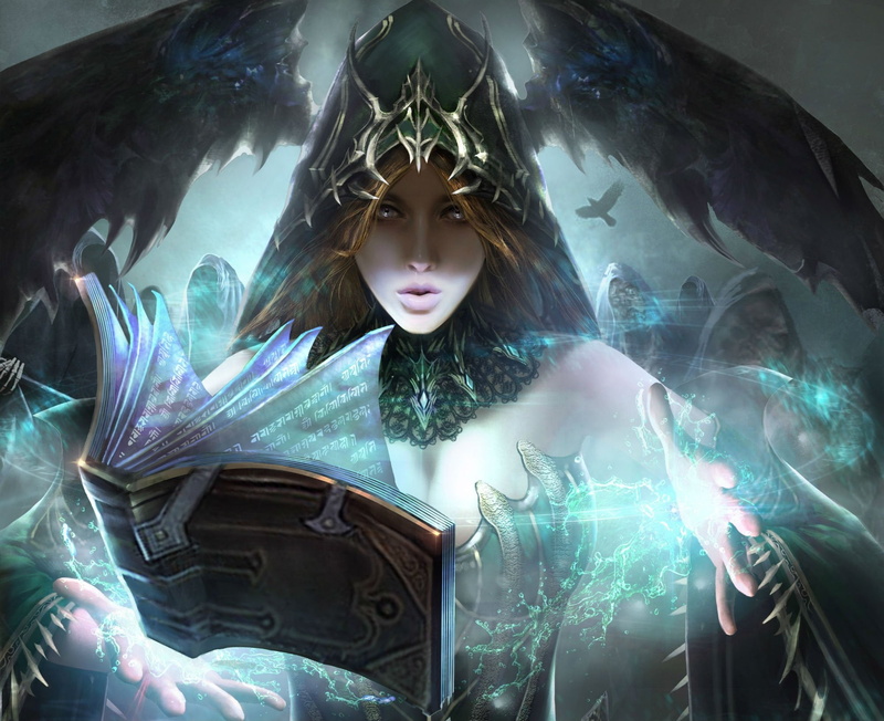 Sorceress, contemplation, adult, representation, book, religion, belief, black, spell, female likeness, art, beautiful woman, fantasy, 1080P, illuminated