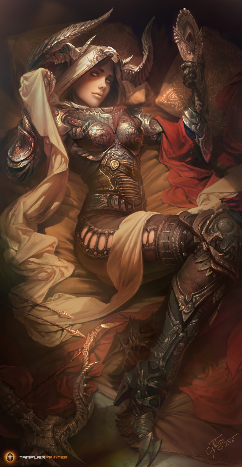 Diablo, horns, sheets, Demon Hunter, dark, Demon Hunter (Diablo), 4K, drawing, high heels, women, hoods, Dmitry Prozorov, Valla, mirror, armor