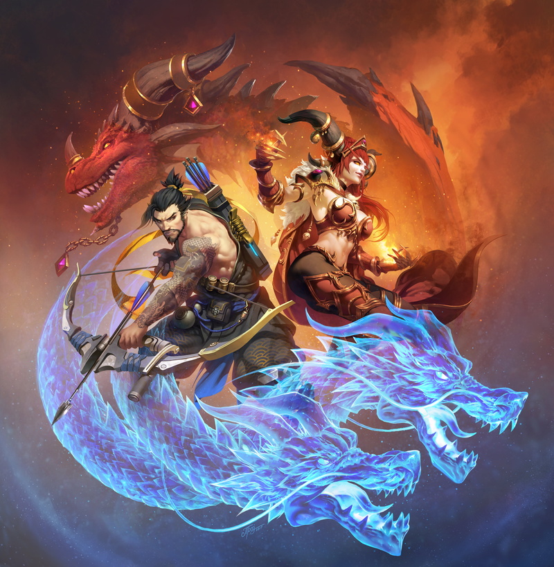 horns, women, fire, glowing, men, 4K, Overwatch, dragon, claws, Alexstrasza, red, Dmitry Prozorov, bow and arrow, blue, Warcraft, spell, Hanzo (Overwatch)