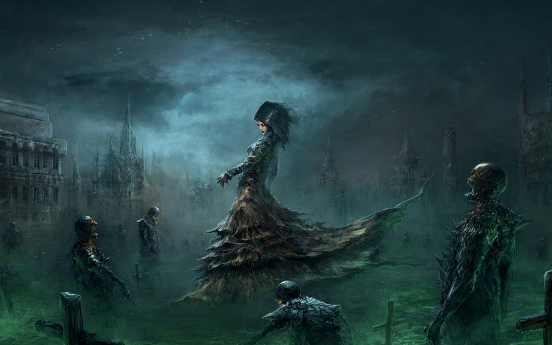 cemetery, creepy, drawing, graveyard, dead, fantasy, zombies, 1080P, sorceress, banshee, necromancer, hd