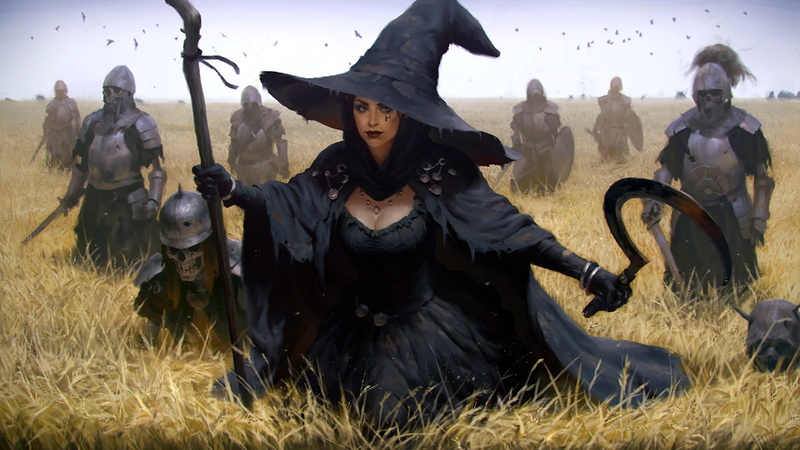 sickle, crow, pearls, wheat, stick, 1080P, fantasy art, field, Witch, fantasy, staff, hat, weapon, necromancer, sword, artwork, armor, army, skeletons