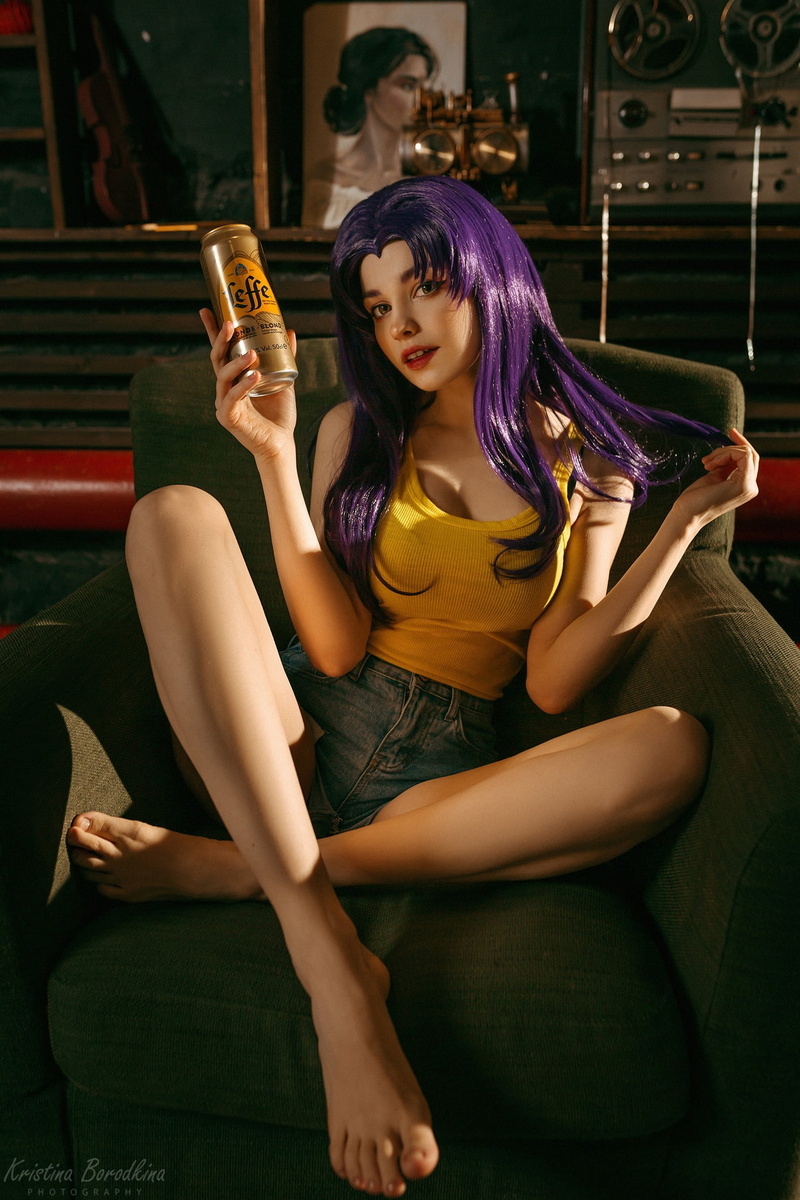 women, shorts, purple hair, tank top, Kristina Borodkina, jeans, long hair, Katsuragi Misato, denim, Neon Genesis Evangelion, barefoot, yellow clothing