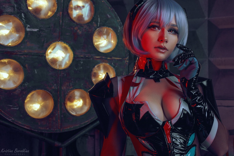 lights, Christina Volkova, cleavage, red eyes, anime girls, Neon Genesis Evangelion, dark, model, looking at viewer, Kristina Borodkina, cosplay, women indoors