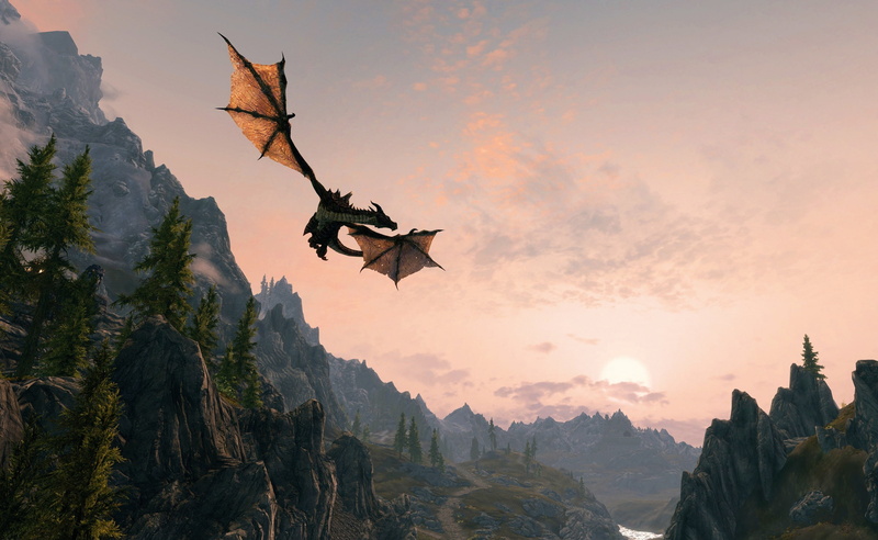 scenics - nature, The Elder Scrolls, beauty in nature, brown, solid, 2K, low angle view, vertebrate, sky, mid-air, rock, dragon, sunset, outdoors