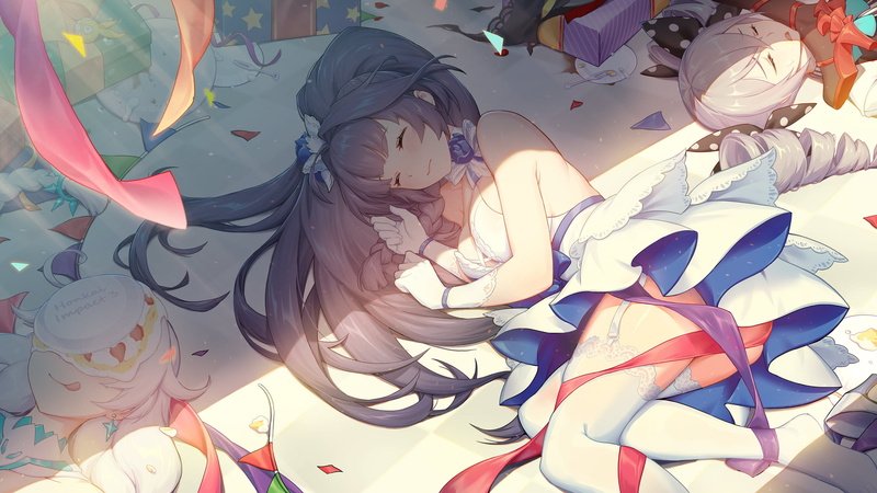 Honkai Impact, digital art, artwork, Bronya Zaychik, sleeping, tights, video games, 1080P, long hair, Honkai Impact 3rd, Raiden Mei, anime girls