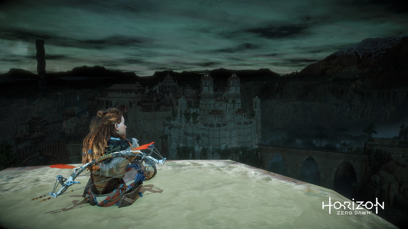 warm clothing, travel, sitting, land, 1080P, women, Aloy (Horizon: Zero Dawn), architecture, young adult, night, bow, bow and arrow, nature, real people