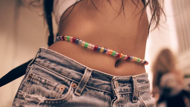 beauty, body part, bracelet, denim, woman, temptation, fashion, adult, beautiful woman, clothing, belly chains, belly, close-up, brunette, selective focus