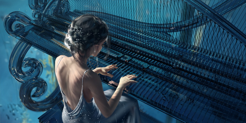 WLOP, piano, women, drawing, digital art, musical instrument, 8K
