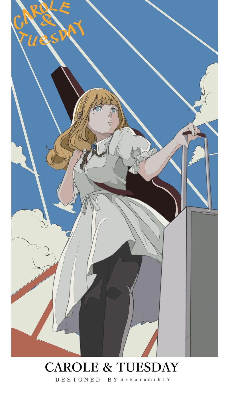 4K, black stockings, guitar, clouds, blue eyes, Carole Stanley, CAROLE and TUESDAY, anime girls, long hair, blond hair, doodle