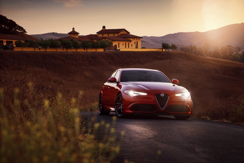 mountain range, 1080P, environment, nature, alfa, field, transportation, plant, giulia, built structure, land vehicle, quadrifoglio, sunset, sunlight