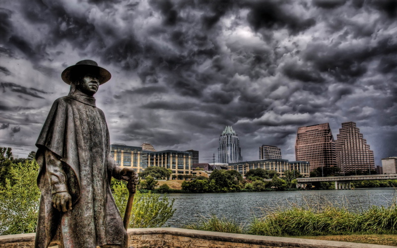 Austin (Texas), HDR, statue, Stevie Ray Vaughan, cityscape, 2K, building