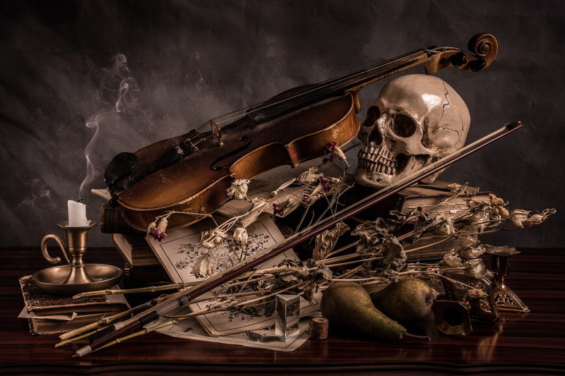 arts culture and entertainment, skull, obsolete, black background, bone, table, 2K, violin, studio shot, metal, hand tool, candles, musical instrument