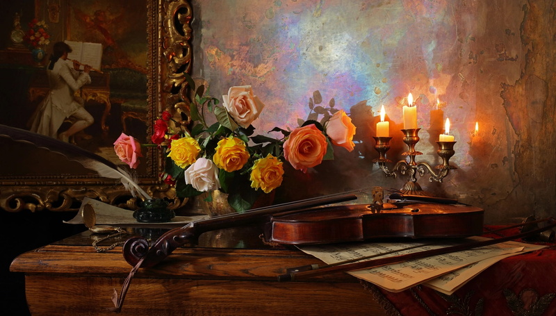 violin, picture, Andrey Morozov, candles, notes, pen, vase, 1080P, flowers, table, still life, ink, roses