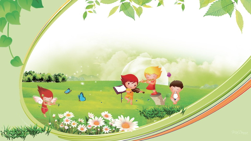 violin, leaves, summer, fairies, little, 1080P, flute, trees, harp, firefox persona, 3d and a, grass, music, kids, illustration, instruments, field, green