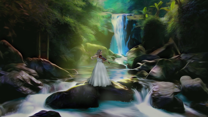 Waterfalls, Play, Art, Girl, 2K, Violin, Stones, Pictures