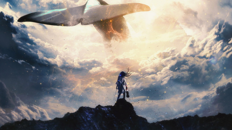 women, 1080P, fantasy art, violin, clouds, whale