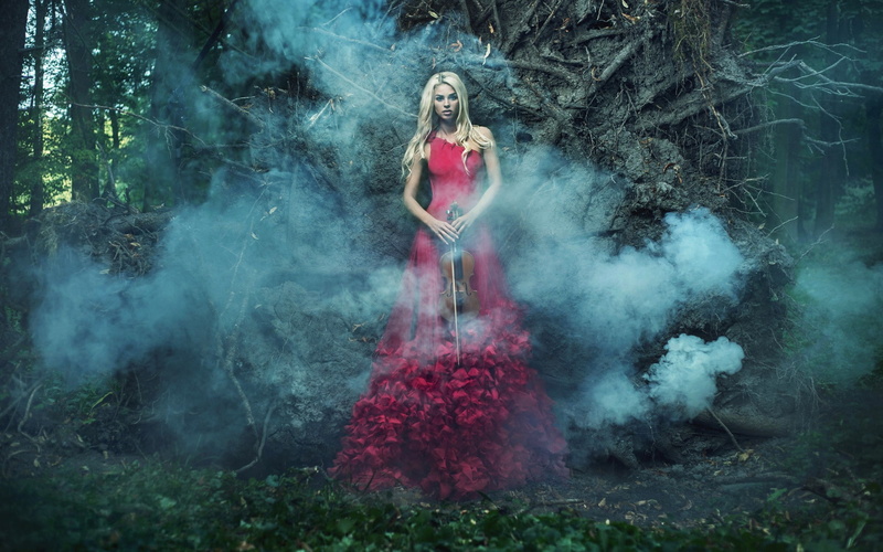 women, young adult, beautiful people, dress, clothing, glamour, forest, full length, beautiful woman, one person, model, beauty, violin, mystery, young women