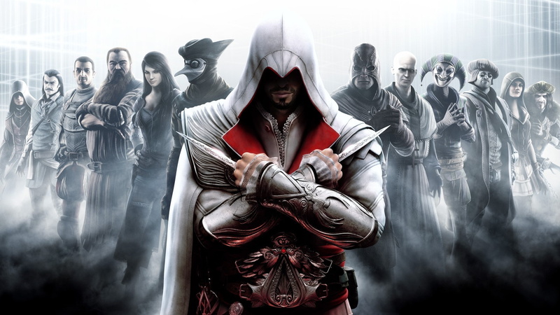 looking at camera, Assassins Creed: Brotherhood, 1080P, video games, traditional clothing, architecture, portrait, religion, clothing, art and craft, group of people