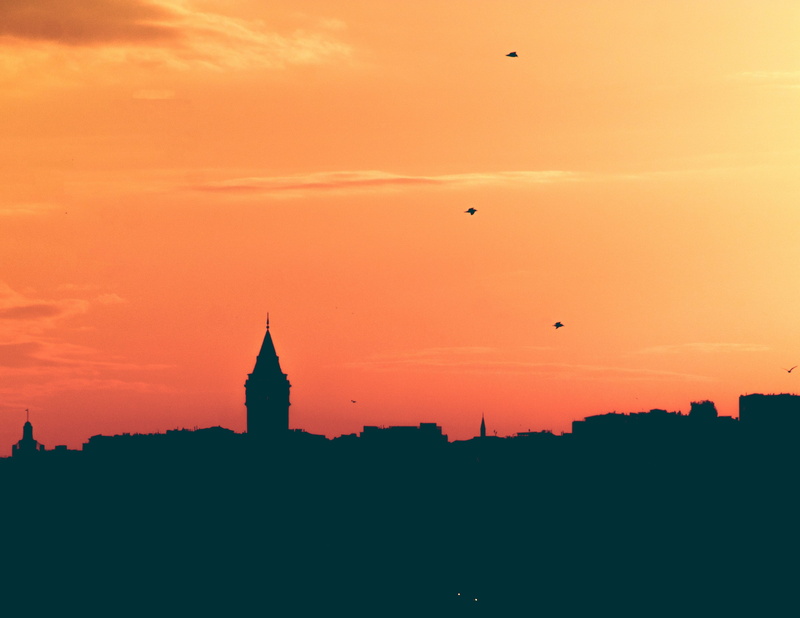 cityscape, tourism, oil lamp, silhouette, city, balloon, outdoors, 2K, ramadan, sunset, spire, scenics - nature, orange color, tower, landscape, istanbul
