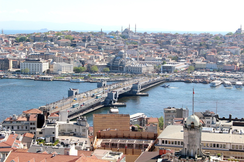 bridge, crowd, cityscape, golden horn, building exterior, turkey, high angle view, transportation, river, nature, architecture, travel destinations, city