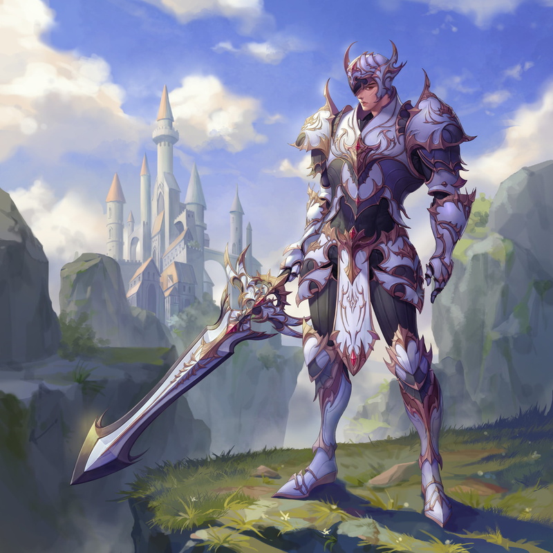 armor, sky, men, knight, castle, looking at viewer, helmet, clouds, weapon, ridge, 1080P, warrior, sword, drawing, grass