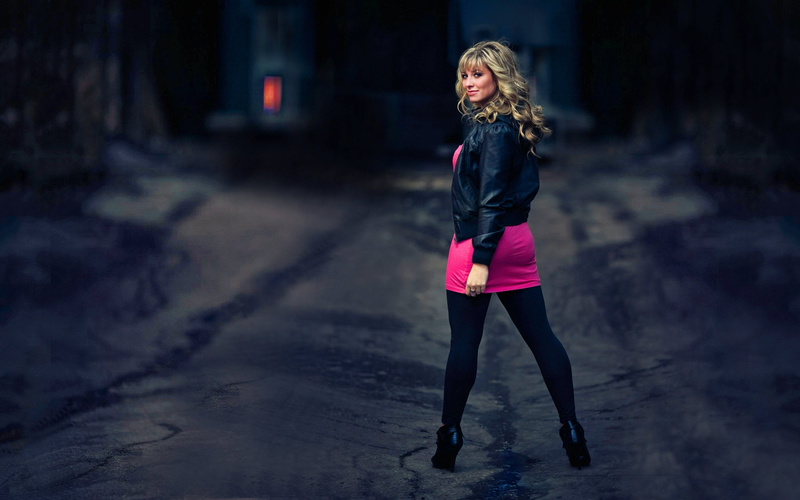hairstyle, night, pink, young women, s, skirt, lifestyles, beauty, blonde, adult, young adult, beautiful woman, dark, hair, running, tight clothing, leather jackets