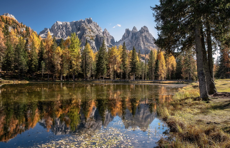 Dolomites (mountains), 1080P, trees, nature, dolomite alps, fall, water, reflection, mountains