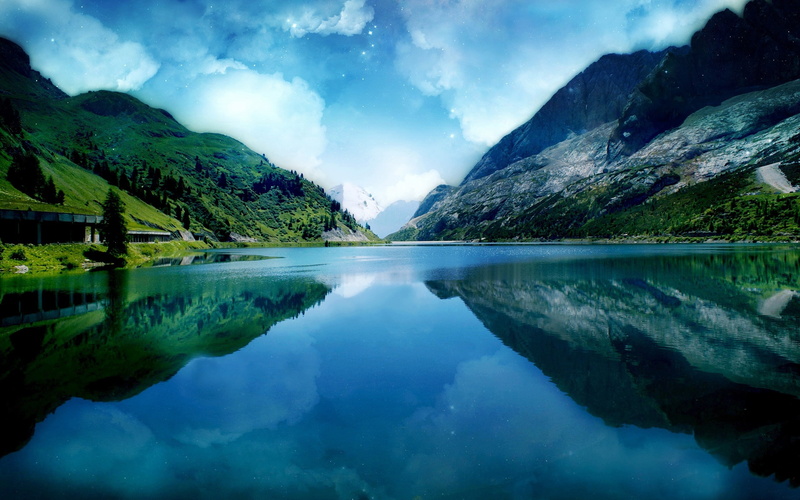 lake, marmolada, nature, digital art, 2K, Italy, reflection, mountains