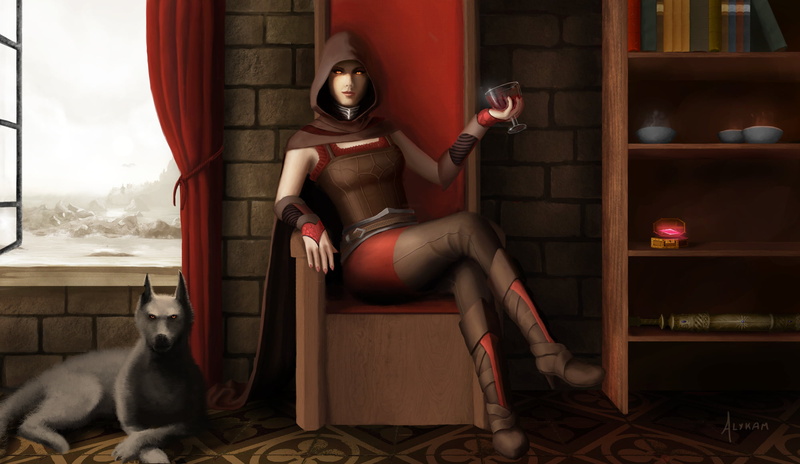 video game characters, Serana, long boots, The Elder Scrolls, 1080P, red, sitting, dog, legs crossed, scrolls, video game girls, window, hood, The Elder Scrolls V: Skyrim