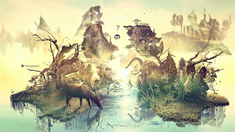 day, animal wildlife, group of animals, waterfront, outdoors, lake, yoga, tree, nature, digital art, animal, plant, 1080P, water, elephant, animals, Desktopography