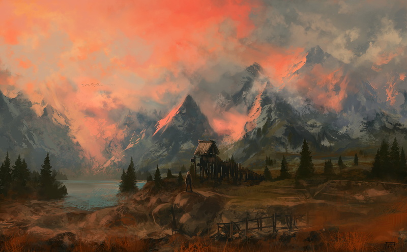 Whiterun, sunset, White Mountains, video games, Amanieu Rebu, 4K, video game art, landscape, digital art, mountains, The Elder Scrolls V: Skyrim, digital painting