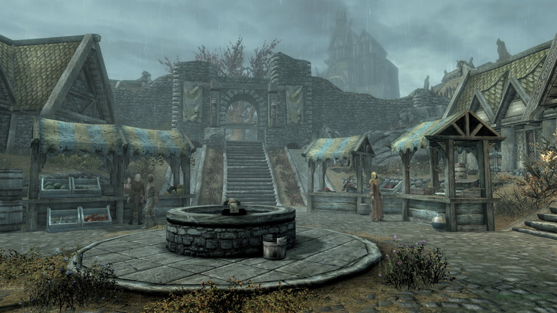 rain, PC gaming, In-Game Photography, screen shot, 1080P, Skyrim Remastered, The Elder Scrolls V: Skyrim, overcast, Whiterun, Market