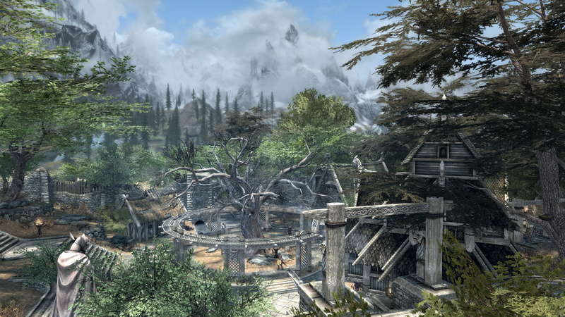 trees, 2K, mountains, The Elder Scrolls V: Skyrim, mist, Whiterun, fantasy city, statue