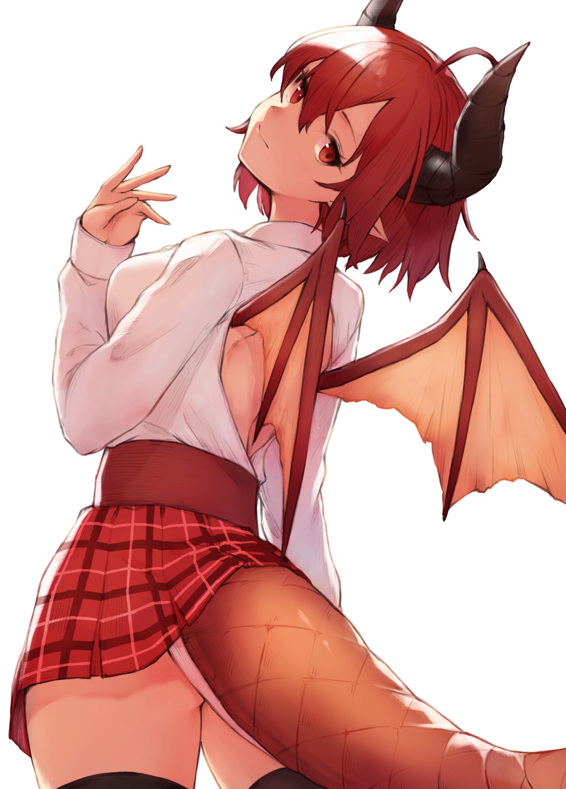 digital art, red eyes, anime girls, wings, demon girl, portrait display, anime, Grea, vertical, looking back, artwork, 2K, redhead, skirt, simple background