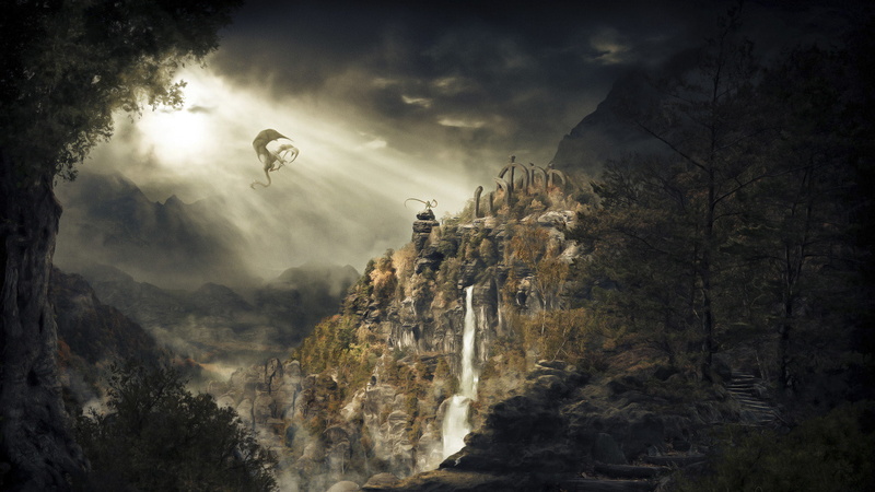1080P, waterfall, dragonborn, skyrim, mountains, dragon