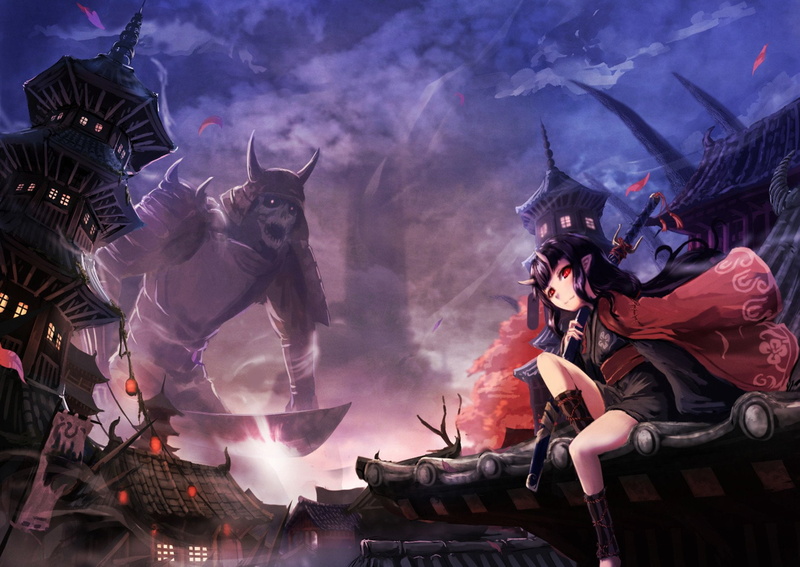 Katana, 720P, Cape, Skeleton, Original, Samurai, Red Eyes, Anime