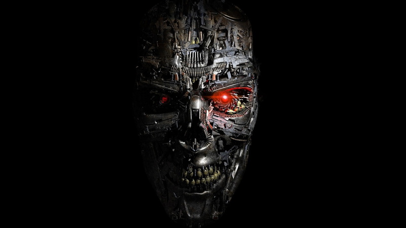 representation, glass - material, architecture, transparent, terminator genisys robot cyborg face red eyes science fiction black background metal teeth gears steel digital art cgi artwork skull terminator machine t 1000
