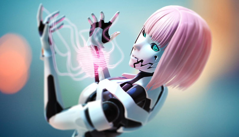 digital art, androids, pink hair, robot, 2K, cyborg