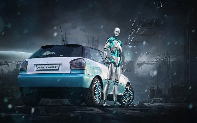 1080P, hatchback, illustration, blue, one person, door, land vehicle, real people, white, adult, standing, drives, robot, car, protection, occupation