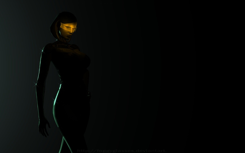 black background, fashion, Android, side view, Mass Effect, 2K, illuminated, indoors, three quarter length, one person, robot, young women, human representation