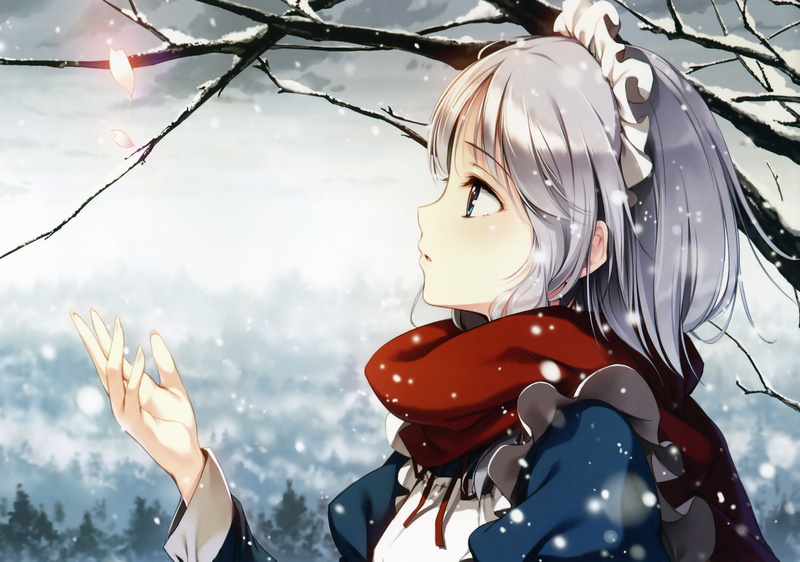 anime girls, 2K, winter, Izayoi Sakuya, witch, headdress, anime, apron, gray hair, ke-ta, snow, video games, Touhou, scarf, maid, petals