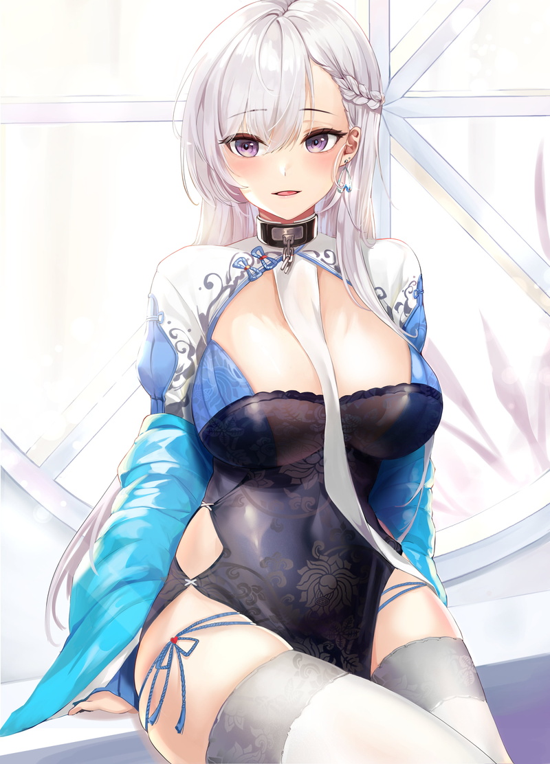 Azur Lane, lillly, hold-up stockings, Belfast (Azur Lane), white hair, Chinese dress, white stockings, 2K, anime girls