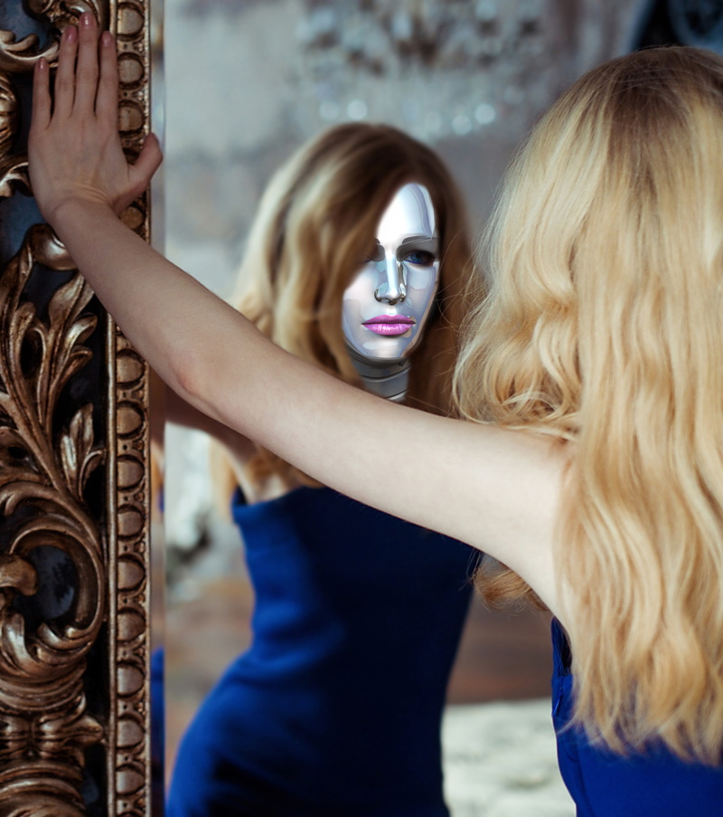 forward, female robot, leaning, blue, woman, beautiful woman, long hair, touching, mirror image, mirror, girl, women, adult, togetherness, reflection, lifestyles
